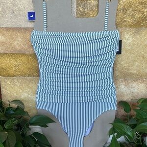 NEW Ellen Tracy Vertical Stripe Green/White Removable Straps, Strapless Swimsuit
